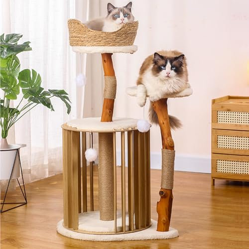 ANram Small Cat Tree 85cm Modern Scratching Post for Small to Medium Size Cats Cat Tree with Soild Wood Cave Bobble Ball Sisal Rope Scratching Post