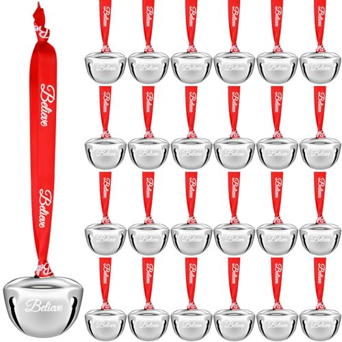 Weihnachtsglocken, Weihnachtsschlittenglocken mit Band, 3,8 cm, Glöckchen, Weihnachtsbaumglocken, Großpackung, Polar Express, Mini-Glocken für Weihnachtsdekoration (Silberfarbe, 24)