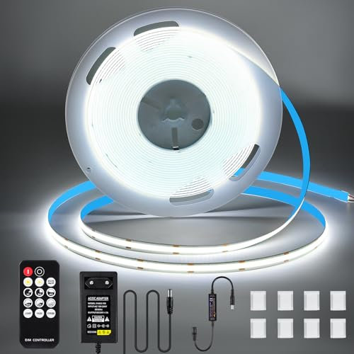 KWODE COB LED bande lumineuse 6000k blanc froid, 8m 312led / M dimmable COB LED bande, 24V DC bande lumineuse flexible avec alimentation et RF télécommande pour salon chambre bricolage décoration