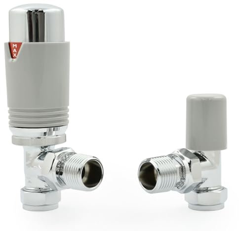 Hot Flow Chrome & Silver Estuary Angled TRV Thermostatic Radiator Valve (Pair) Includes Angled TRV Body, Wheel Head, Lock Shield. for Quick & Easy Temperature Control.