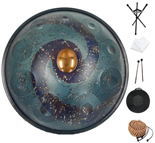 FXNFXLA Handpan Drum Instrument In D Minor 10 Notes 22 Inches Steel Hand Drum with Hand Pan Bag, 2 Handpan Mallet, Handpan Stand, Dust-free Cloth, For Beginner