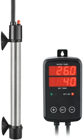 Titanium Aquarium Heater 100W 200W 300W 500W 800W 1000W 1300W, Submersible Fish Tank Heater with Temperature Controller, 0℃-40℃ Adjustable, Fast Heating for 30l~70l Saltwater Freshwater, MX-9016(100W)