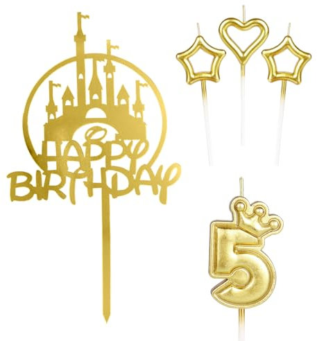 mciskin Girls Happy 5th Birthday Candles Cake Toppers, Gold Castle Cake Topper, Crown Number 5 Candle for Cake, Candles Cake Cupcake Topper for Baby Birthday Party Decorations 5th Wedding Anniversary
