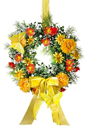 3 PAGEN® Türkranz Frühling Blumen und Schmetterlinge [mit Aufhänger] 27 x 27cm | Türkranz ganzjährig | Osterkranz Tisch | Osterkranz Haustür | Sommer Türkranz Ostern | Türkranz Haustür außen