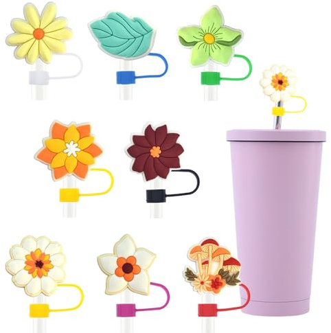Aieino 8pcs Straw Covers for 9-10mm Straws, Reusable Straw Caps Dust-Proof Drinking Straw Tips Protector Portable Toppers Different Cute Designs, Plants