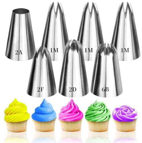 Set di 7 beccucci grandi da 1 m, 2D, 2F, in acciaio inox, per decorazione torte, strumenti da forno per crema al burro, glassa, torte di compleanno, cupcake, arte fai da te