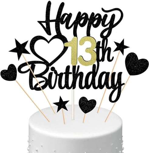 Conruich Tortendeko 13. Geburtstag Junge, Kuchendeko Geburtstag Kuchen Topper Happy 13th Birthday Schwarz, Glitzer Cake Topper 13. Geburtstag Ballons Konfetti für Geburtstagstorte Deko 13 Jahre Kinder