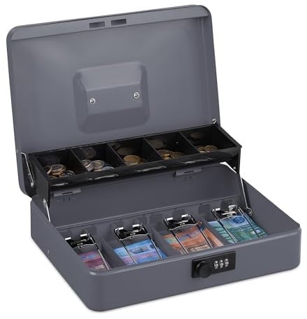 Relaxdays Geldkassette, 3-stellige Zahlenkombination, Münzeinsatz & 4 Scheinfächer, abschließbar, Geldkasse Eisen, grau