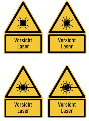 Aufkleber: 150x100 mm, 4 Stück - Vorsicht Laser - Warnzeichen mit Text (deutsch) (gelb/schwarz) - Dreick - W004 - DIN EN ISO 7010 / ASR A1.3