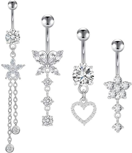 Fenglin-joy Piercing Ombelico, 4 Pezzi 316L Acciaio Chirurgico Anello Ombelico Piercing Pendenti Pendente Argento Anello Per Ombelico per Donne