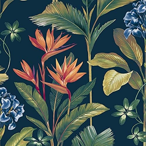 Oliana Navy Wallpaper Green Blue Floral Tropical