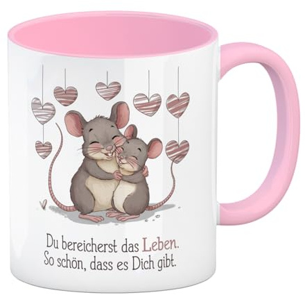 speecheese Zwei umarmende Mäuse Kaffeebecher in rosa - Du bereicherst das Leben Illustrationen für herzförmige Umarmungen und dekorative Akzente