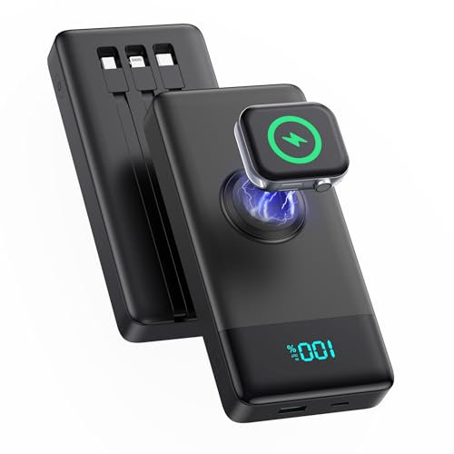 Power Bank 10800mAh for iPhone with Built in Cables,6-in-1 Portable Charger with iWatch Charger,QC4.0+25W PD Fast Charging LED Display USB C Battery Pack for iPhone 16/15/14/13,Samsung,Apple Watch etc