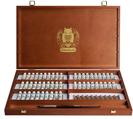 Schmincke – HORADAM® AQUARELL, eleganter Holzkasten mit 50 Tuben 5 ml Supergranulierende Aquarellfarbe, feinste Künstler-Aquarellfarben, 74 661 097