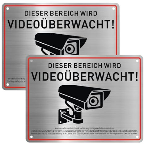 2 Stück Dieser Bereich Wird Videoüberwacht Schild Aluminium GebürstetSchild Videoüberwachung mit DSGVO Schild Kameraüberwachung Selbstklebend, UV-beständig, Wasserfest, mit Bohrlöcher(20x15 cm)