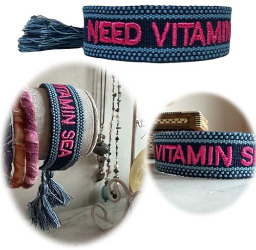 LS-LebenStil Exklusives Statement Armband - das Original - Quasten besticktes Boho Canvas Webarmband Damen Freundschaftsarmband Boho gewebt textiles Stoffarmband 16-20mm (Need Vitamin Sea Blau Pink)