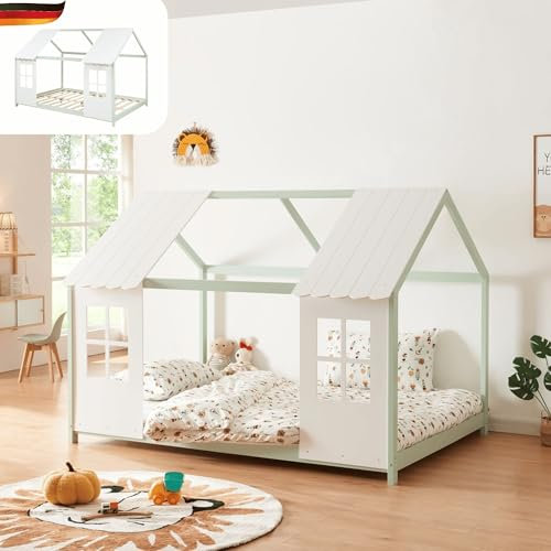DELUKE® Kinderbett 120x200 Gelo - mit Lattenrost, Rausfallschutz | Haus-Optik| Einzelbett aus Holz Hausbett Kinderzimmer Montessori Bett Mintgrün