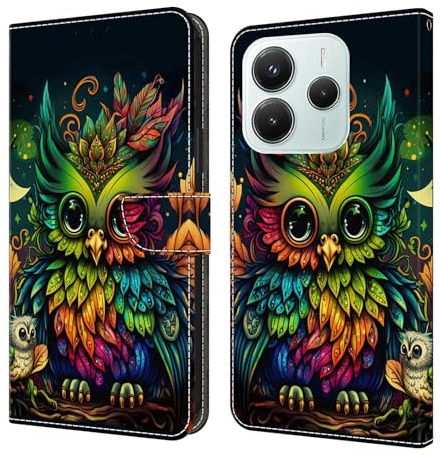 BOLELAW Hülle für Xiaomi Redmi Note 14 4G (Nicht für 5G) – Stoßfeste PU Leder Wallet Case mit Magnetverschluss, Standfunktion & Kartenfächern, Bunte Eule