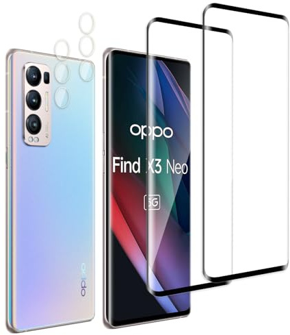 Jinshiweikai 4 Pezzi, 2 x Pellicola Vetro Temperato per OPPO Find X3 neo e 2 x Pellicola Vetro Protettiva Fotocamera Posteriore,3D Copertura Totale,Durezza 9H,Antigraffio,HD Chiaro