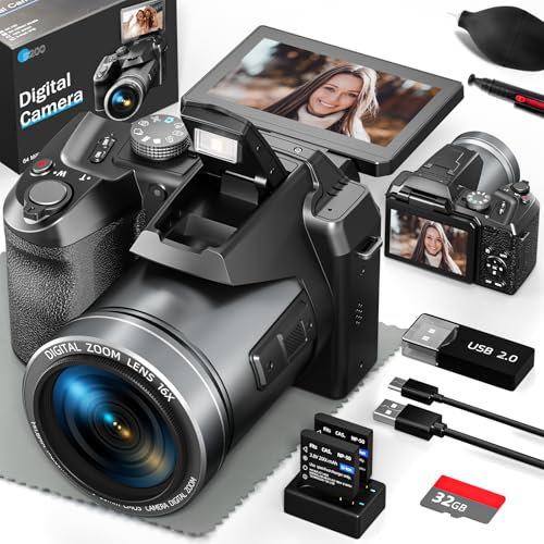 NBD 5K/30FPS Video Camera for Vloggers, 64MP Ultra HD with 180° Flip Screen & WiFi, 16X Zoom, Autofocus, 500g Light (40% Than DSLR) - Vlog Kit with 32GB Card & Dual Batteries (Black)