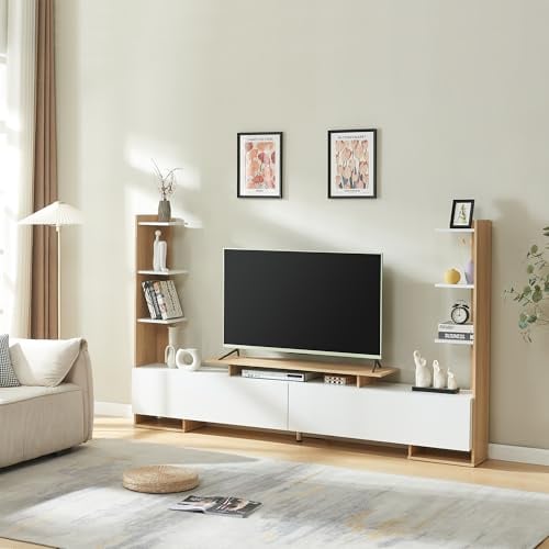 [en.casa] TV Schrank Rauki Lowboard mit 2 Seitenregalen Fernsehschrank 233 x 31 x 141 cm TV Board mit 1 offenen Fach und 2 Türen TV Kommode Fernsehtisch Weiß/Eicheoptik