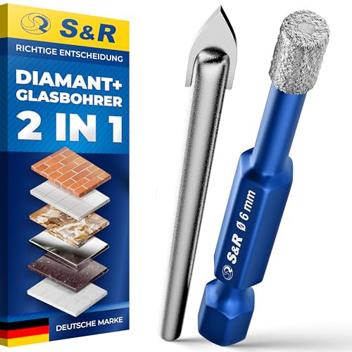 S&R Forets Diamant 6mm - Lot de 2: 1 Foret Diamant + 1 Foret en Carbure Verre pour Céramique Grés Marbre Carrelage Céramique Verre Granit