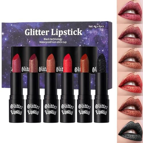 Eojpdji Glitzer Lippenstift Langzeit Haltbar Wasserfest - Glänzender Lipgloss | Wasserfeste Schmutzfeste 6er Pack Glitzer Lippenstift Damen Alltag Hochzeit Party Reise