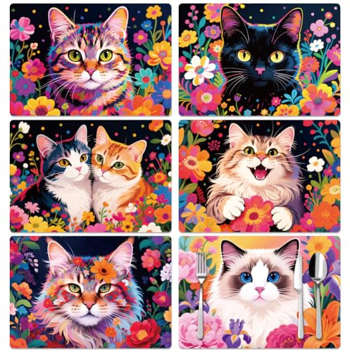 Peacoblue 6er Set Platzsets, Katze und Blumen für Esstisch | Abwaschbare Vinyl Tischsets 30x43cm, Hitzebeständige Kunststoff Unterlagen für Küche, Esstisch und Landhaus Dekoration