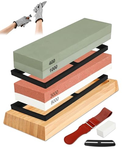 Set Pietra Affilacoltelli 400/1000 3000/8000 - Pietra per Affilare, Pietra Affilatura Professionale, con Guanti Antitaglio per l'Affilatura dei Coltelli, Affilatore per Coltelli da Cucina