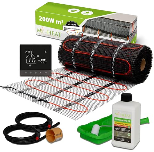 Mi-Heat Elektrische Fußbodenheizung 200W/m² 2,0m² Set - Dünnbettheizmatte zum nachrüsten Sanierung Fußheizmatte Twin Technologie Heizleiter - mit Thermostat TH215 WiFi anthrazit