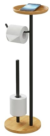 Relaxdays Toilettenpapierhalter, Ersatzrollen, Ablage, Bambus, Metall, HxBT: 65x25x20 cm, WC-Rollenhalter, schwarz/Natur