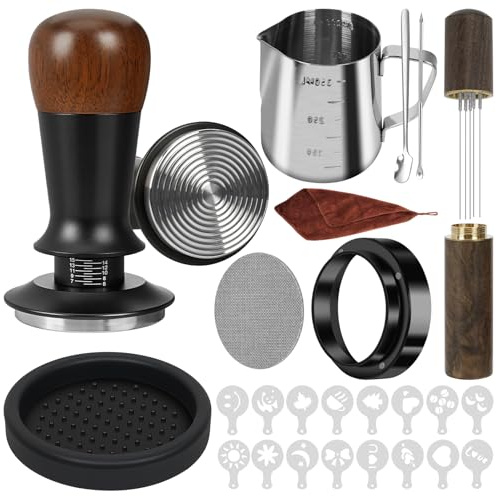Y-Step 51mm Espresso Tamper Set mit Espresso-Stampfer Barista Set | Espresso Tamper, Aufschäumkrug, WDT Tool, Dosierring, Puck Screen, Latte Art Set, Tampermatte, Kaffeerührer, Barista Tuch