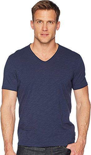 John Varvatos Star USA Men's Short Sleeve SLUB V-Neck with Cut RAW Edge T-Shirt, Oiled Blue, XL
