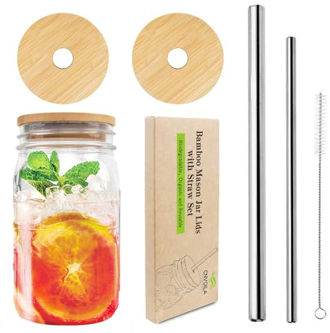 CNVOILA Mason Jar Lids with Straw Hole, ECO Reusable Bamboo Mason Jar Lids for Regular Mouth Mason Jar with 2 Reusable Stainless Steel Straw