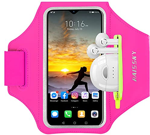 HAISSKY Brassard de Sport avec Poche Écouteur pour iPhone 15 Pro Max 14 13 12 Pro 11 XR XS X, Smartphone Running pour Jogging Cyclisme Randonnée (Rose)