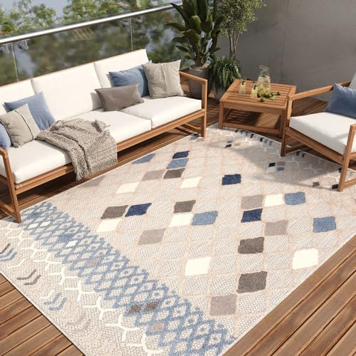TAPISO Patio Teppich Indoor Outdoor Grau Blau Mehrfarbig Ethno 120 x 170 cm | Robuster Teppich UV-beständig Flachgewebe Sisaloptik Wetterfest Terrasse Wintergarten Balkon OEKO-TEX