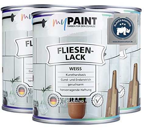 MyPaint Fliesenlack Badezimmer 3 x 750 ml - Weiß Glanz - Fliesenfarbe Küche & Fliesenfarbe Badezimmer (Wand- und Bodenfliesen) mit hoher Deckkraft | wasserbeständig, strapazierfähig