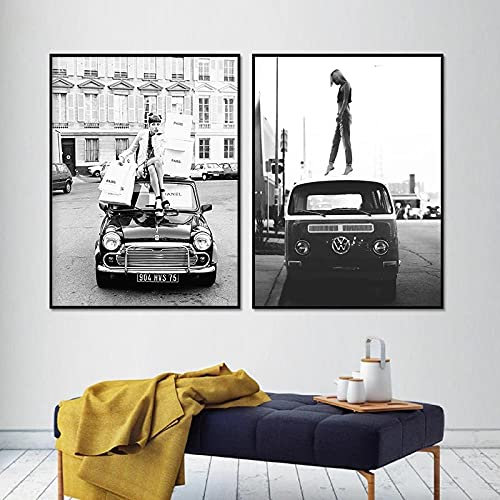 Mode Mädchen Schwarz Weiß Foto Poster Drucken Vintage Street Photography Kunst Malerei Retro Auto Vogue Bilder Für Home Room Decor Ungerahmt-30X40cmx2