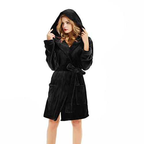 U2SKIIN Bademantel Damen mit Kapuze Plüsch Bademantel kurz weich warm Morgenmantel Damen leicht flauschig Bademäntel für Damen (Schwarz, L/XL)