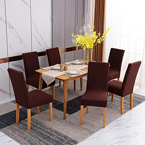 Stuhlhussen 6er Set Braun, Stretch Esszimmer Stuhlbezug für Esszimmerstühle, Abnehmbarer Waschbarer Spandex Stuhlüberzug für Küchenstühle,Hotel, Bankett(Braun, 6 Stück)