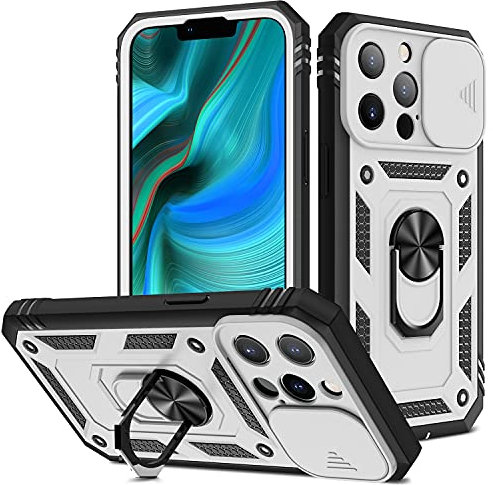 2ndSpring Coque Compatible avec iPhone 13 Pro Max 6.7,Protection de la Caméra en PC Dur Anti-Chut Renforcée Armor Antichoc Bumper Housse Etui,Blanc Noir