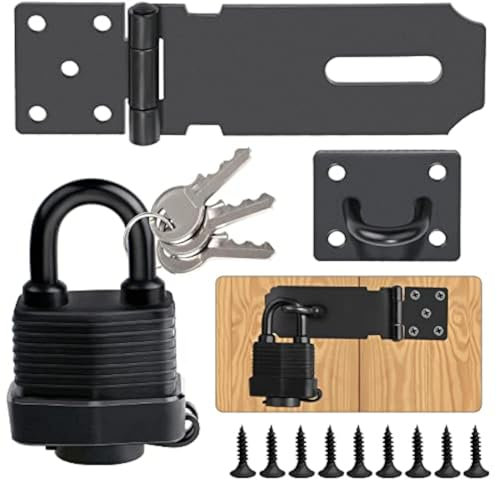 Door Latch Hasp with Door Padlock and Screws Heavy Duty Hasp and Staple with Padlock Stainless Steel Door Lock for Bedroom Garden Windows Shed Garage Cabinet Black