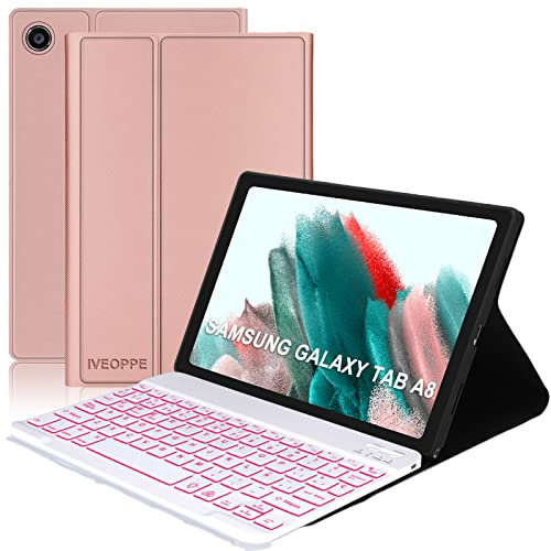 Teclado Tablet Samsung Tab A8, Funda Tablet Samsung Tab A8 con Teclado, Teclado Español Ñ Retroiluminados Bluetooth Desmontable para Samsung Galaxy Tab A8(SM-X200/X205/X207) 10.5 2021/2022, Rosa