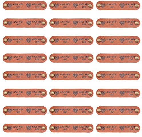 FINGERINSPIRE 24 Stück Handmade Label Leder PU Lederetikett mit Herzmuster & 2 Nieten 12x65mm braune Lederanhänger Knopf oval mit Liebe gemacht Anhänger für Jeans Taschen Schuhe Hut DIY Basteln