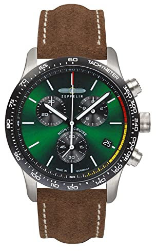 Zeppelin Herrenuhr mit Lederband Serie Night Cruise ETA Quarz Chronograph 10 Bar Datum 7288-4