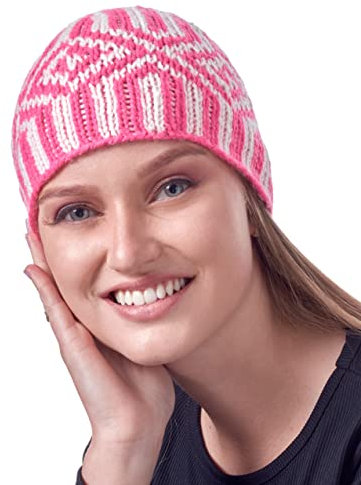 INTI ALPACA Damen-Mütze, Alpaka-Mütze, zweifarbig, handgestrickt aus Alpakawolle, Winter-Kopfbedeckung, Totenkopf-Mütze, Rosa und Weiß, pink / weiß, Einheitsgröße