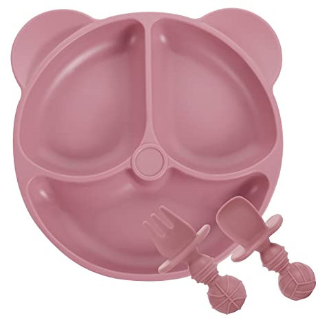 Lanjue Baby Suction Plate, Silicone Toddler Plates Baby Weaning Plate Divided Dishes with Spoon Fork, Fits for Most Highchairs Trays (Pink)