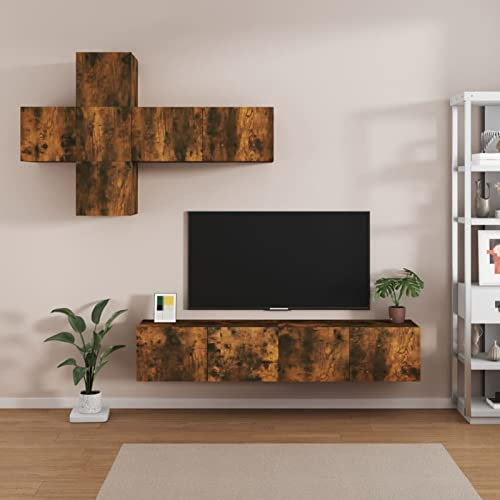 ZEYUAN 7-TLG. TV-Schrank-Set, Wohnwand Wohnzimmer, Jugendzimmer Komplett Set, Tv-möbel & Phonomöbel, Schrankwand Wohnzimmer, Anbauwand Wohnzimmer, Räuchereiche Holzwerkstoff