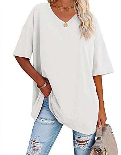 Famulily Women's Comfy Plain T Shirt Loose Fitted Tee Shirts Ladies V Neck Half Sleeve Tunic Tops White L
