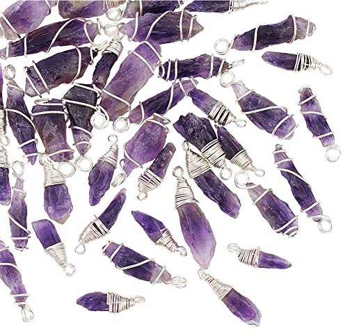 DICOSMETIC 40Pcs 2 Styles Natural Amethyst Pendants Irregular Raw Stone Pendants Amulet Chakra Gemstone Charms Copper Wire Wrapped Stone Charms for Jewellry Making, Hole: 2.5~3.5mm